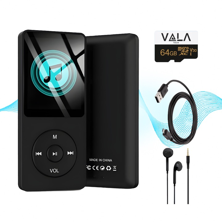 MP3 lejátszó Vala Tech, 64 GB, Bluetooth 5.0, 1.8" TFT kijelző, fekete