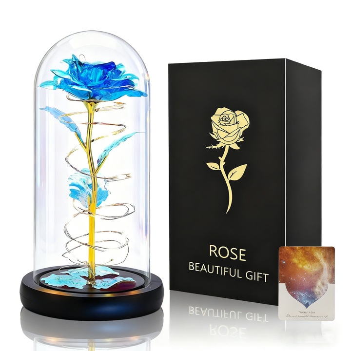 Trandafir de Sticla Criogenat in Cupola YOUKUKE, ®cu Lumini LED, 22 x 11 cm, Cadouri pentru femei, albastru