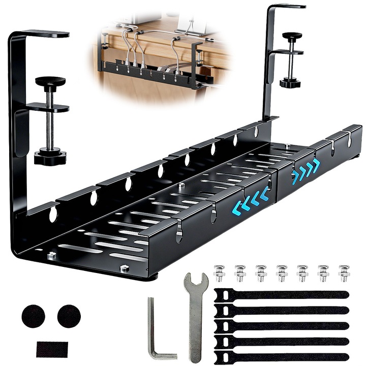 Organizator cabluri sub masa, YOUKUKE®, Rezistent la rugina, Usor de instalat, Cu accesorii, retractabil de 30-55 cm, metal robust, pentru biroul acasa, Negru