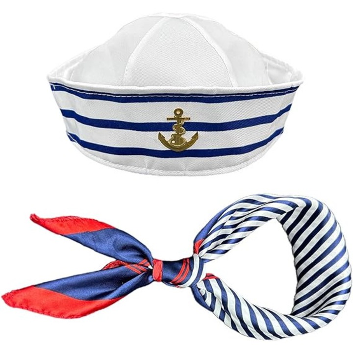 Set costum carnaval HERUSI palarie si esarfa marinar alb-albastru