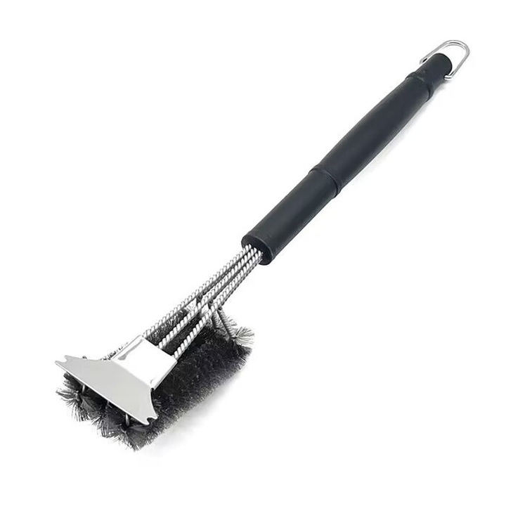 Perie gratar cu racleta, 3 in 1, maner ergonomic, inox, 46.5x26cm