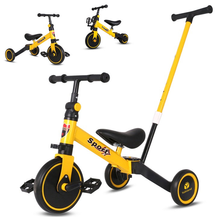 Tricicleta 3 in 1 Yulinland®️, transformabila, ghidaj ajustabil, roti din cauciuc, 1.5-6 ani, galben