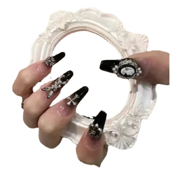 Unghii artificiale baroce negre realizate manual, reutilizabile, cu adeziv, retro, lucioase, cu acoperire completa, de dimensiuni medii, de calitate profesionala, pentru uz casnic