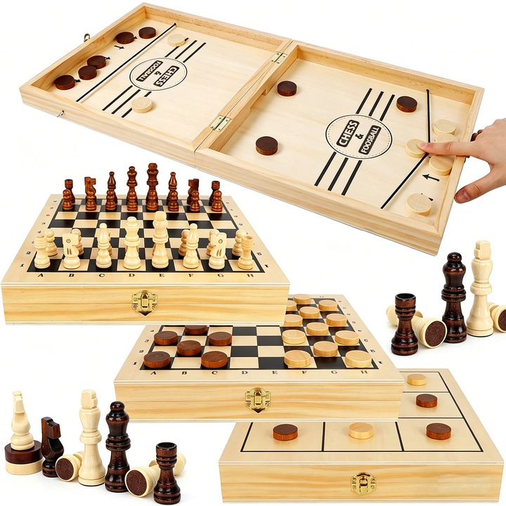 Joc Sah si Table din Lemn, BYONDSELF®, 4 in 1, Sah, Dame, Sling Puck, X si O, Lemn de pin, Cutie Lemn, Portabil, Pliabil, 28x28x6cm, pentru Adulti/Copii