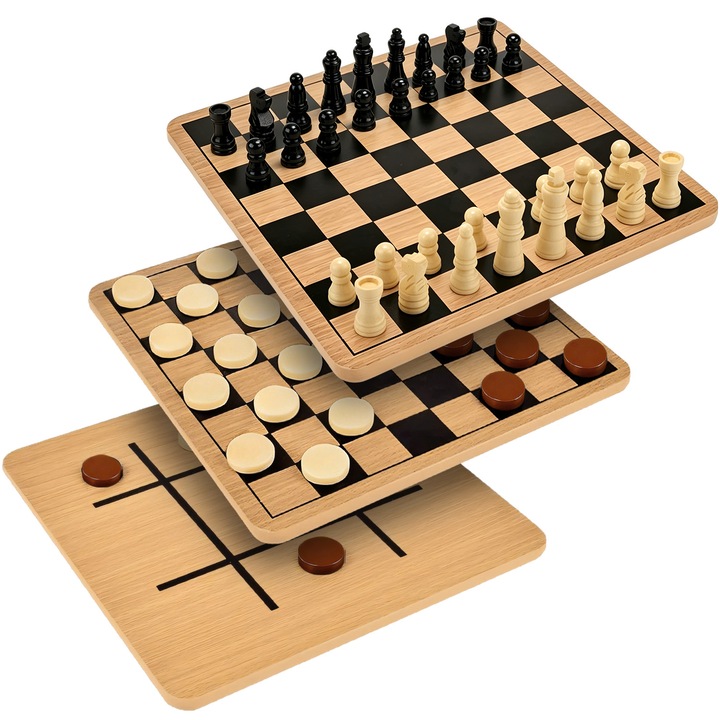 Joc Sah si Table, BYONDSELF®, 3 in 1, Sah, Dame, din Lemn, X si O, 25 x 25 cm, Maro si Negru