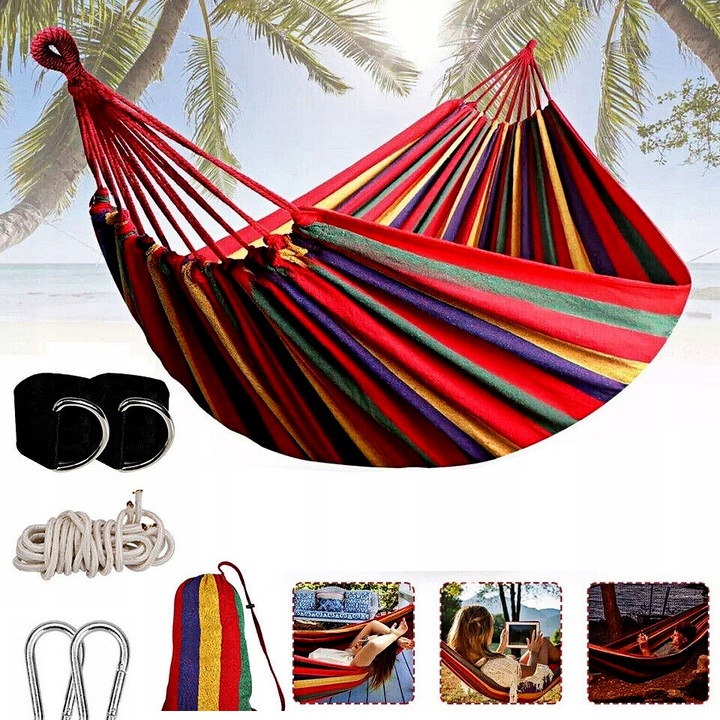 Hamac YOUKUKE, varianta PRO, ultra usor, rosu/galben, 270x150cm, cu curele de prindere si carabine incluse