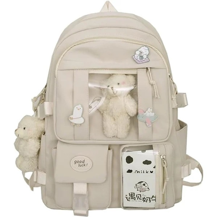 Nagy nylon hátizsák kiegészítőkkel, 12.2x16.5x4.7in, fehér, 2 maci és 3 jelvény szett