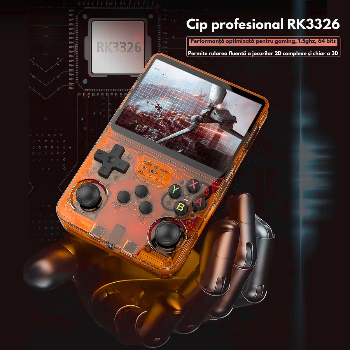 Consola Gaming portabila cu 15.000+ Jocuri Clasice, VisionHub®, Ecran HD 3.5'', 128GB Stocare, Joystick-uri 3D, Multiplayer Wireless, Iesire Video/Audio, Design Compact si Performanta Maxima, Portocalie