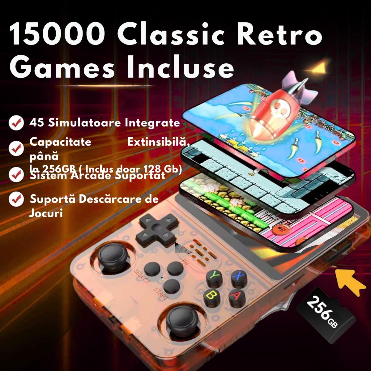Consola Gaming portabila cu 15.000+ Jocuri Clasice, VisionHub®, Ecran HD 3.5'', 128GB Stocare, Joystick-uri 3D, Multiplayer Wireless, Iesire Video/Audio, Design Compact si Performanta Maxima, Portocalie