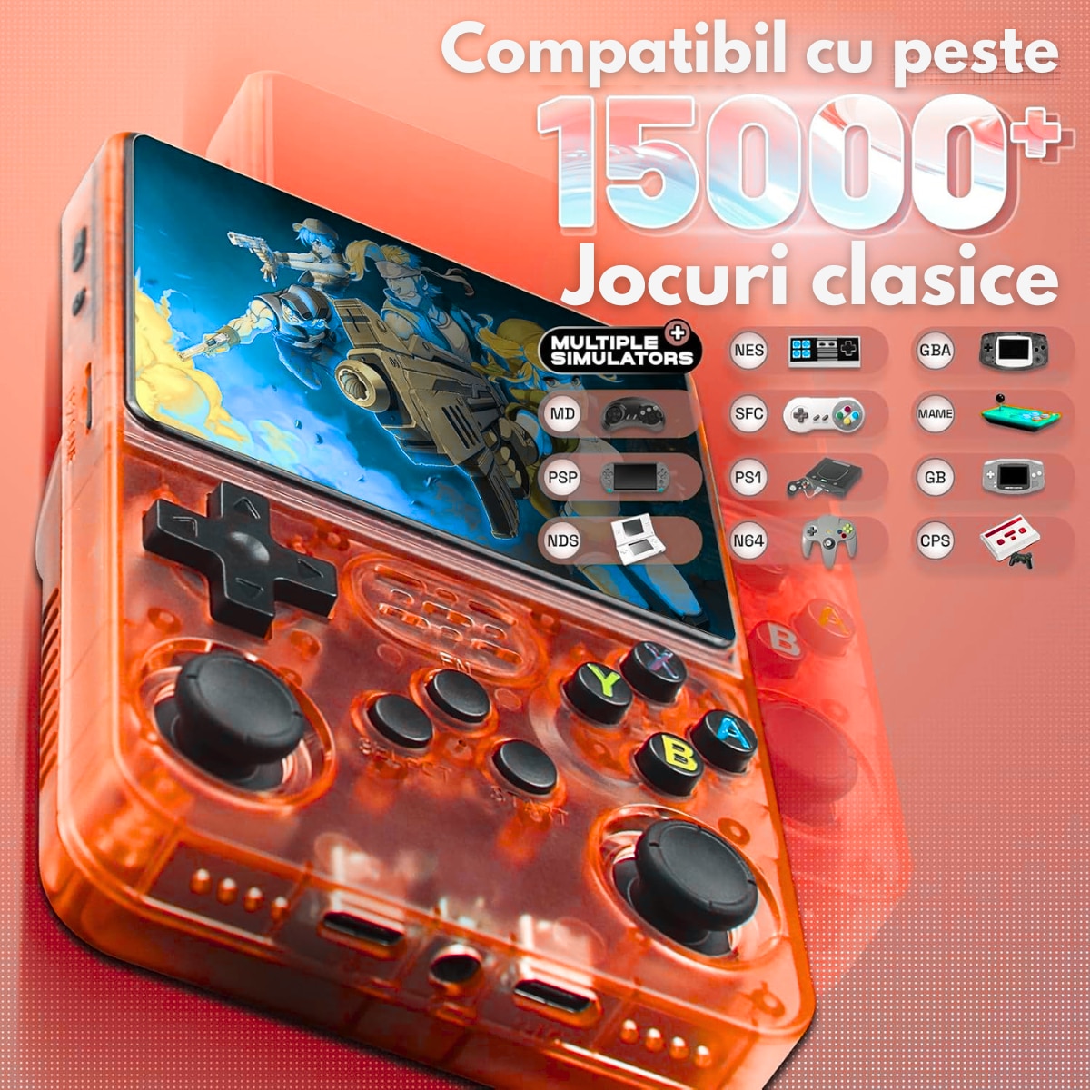 Consola Gaming portabila cu 15.000+ Jocuri Clasice, VisionHub®, Ecran HD 3.5'', 128GB Stocare, Joystick-uri 3D, Multiplayer Wireless, Iesire Video/Audio, Design Compact si Performanta Maxima, Portocalie