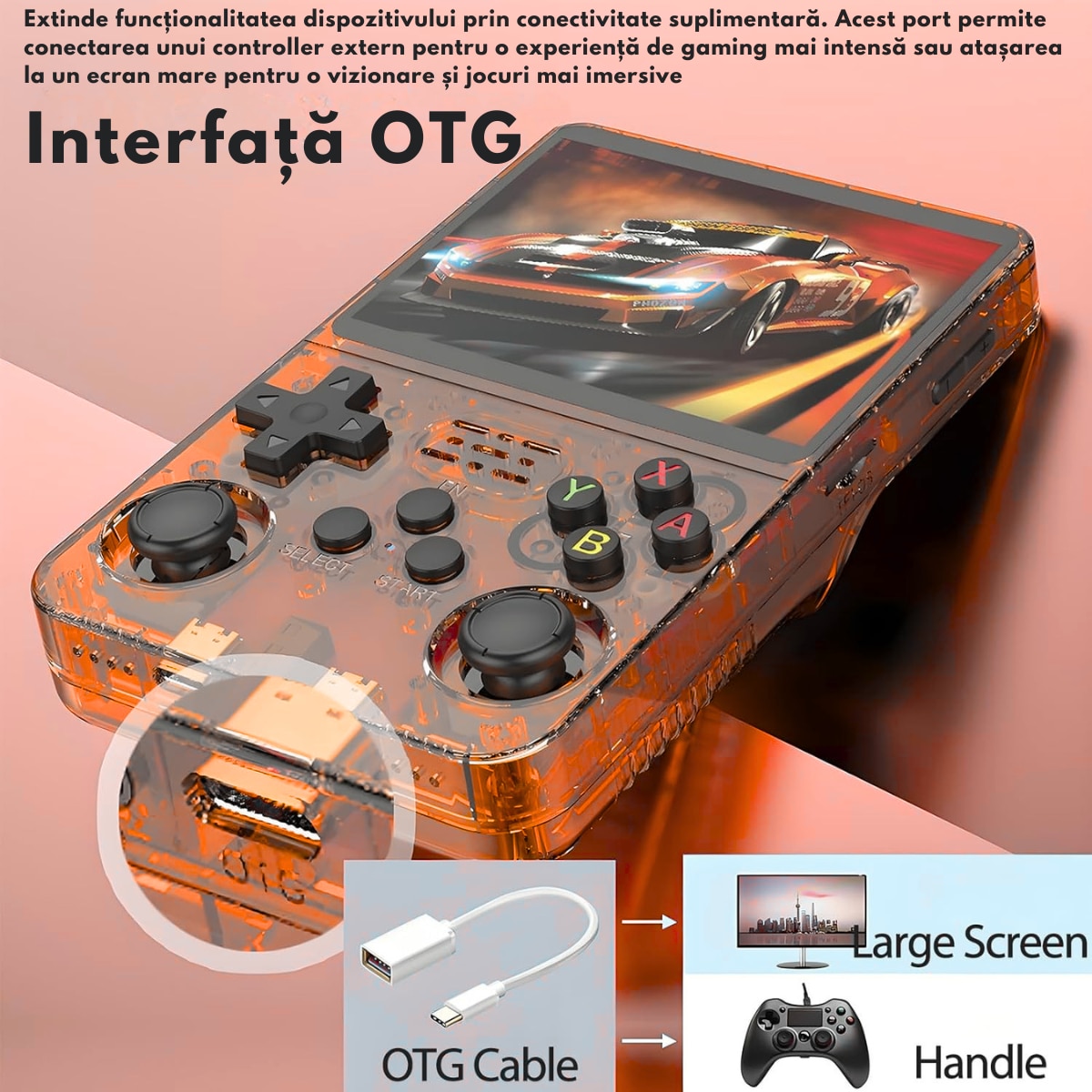 Consola Gaming portabila cu 15.000+ Jocuri Clasice, VisionHub®, Ecran HD 3.5'', 128GB Stocare, Joystick-uri 3D, Multiplayer Wireless, Iesire Video/Audio, Design Compact si Performanta Maxima, Portocalie