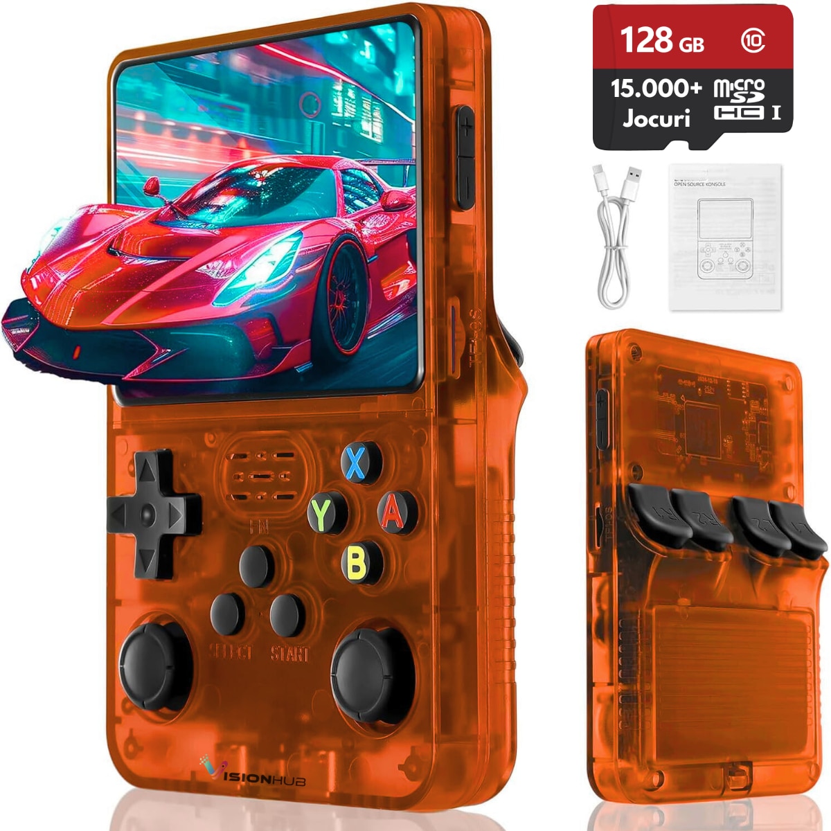 Consola Gaming portabila cu 15.000+ Jocuri Clasice, VisionHub®, Ecran HD 3.5'', 128GB Stocare, Joystick-uri 3D, Multiplayer Wireless, Iesire Video/Audio, Design Compact si Performanta Maxima, Portocalie