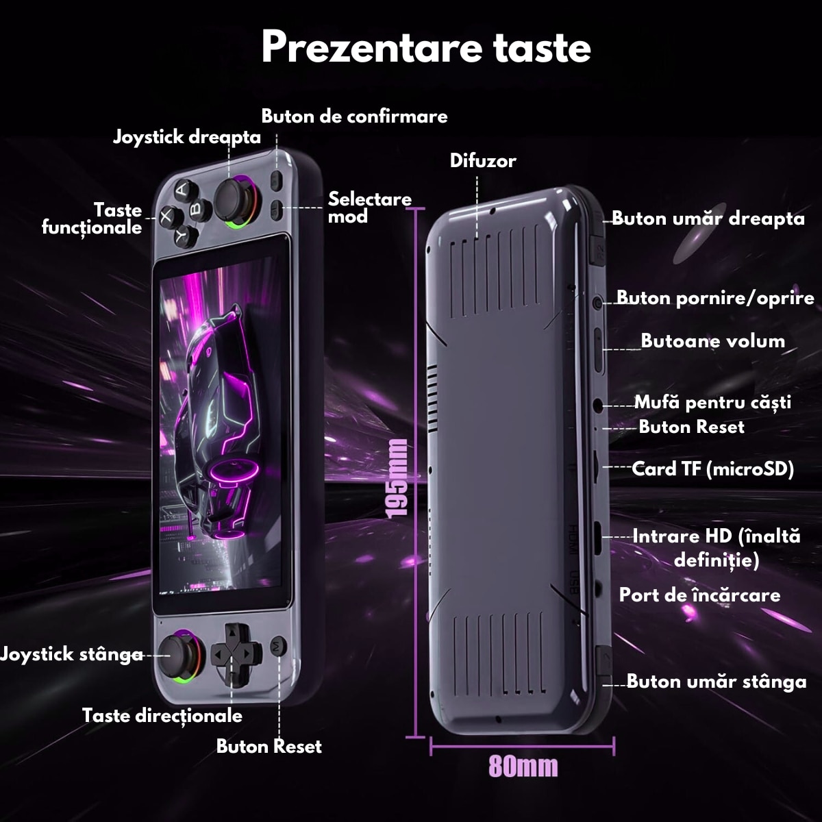 Consola de Jocuri Portabila cu 15.000+ Jocuri incorporate, VisionHub®, Ecran LCD HD 5'' inch, Quad-Core RK3128, 64GB Stocare, Joystick-uri 3D iluminate, Baterie 3500mAh, Emulatoare Multiple, Iesire Video/Audio, Design Compact si Performanta Maxima, Negru