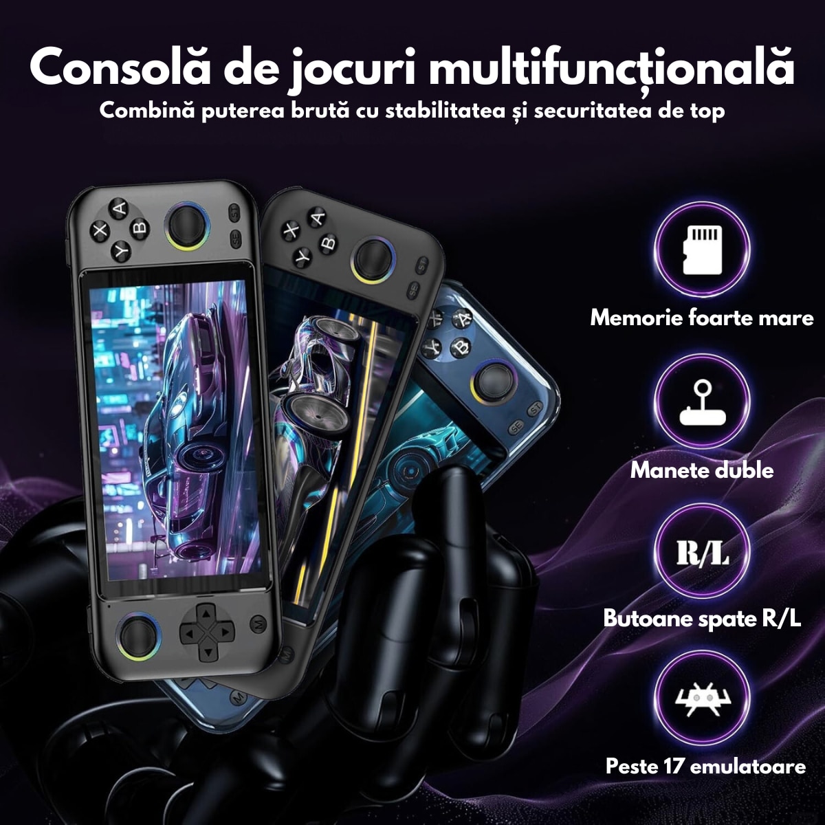 Consola de Jocuri Portabila cu 15.000+ Jocuri incorporate, VisionHub®, Ecran LCD HD 5'' inch, Quad-Core RK3128, 64GB Stocare, Joystick-uri 3D iluminate, Baterie 3500mAh, Emulatoare Multiple, Iesire Video/Audio, Design Compact si Performanta Maxima, Negru