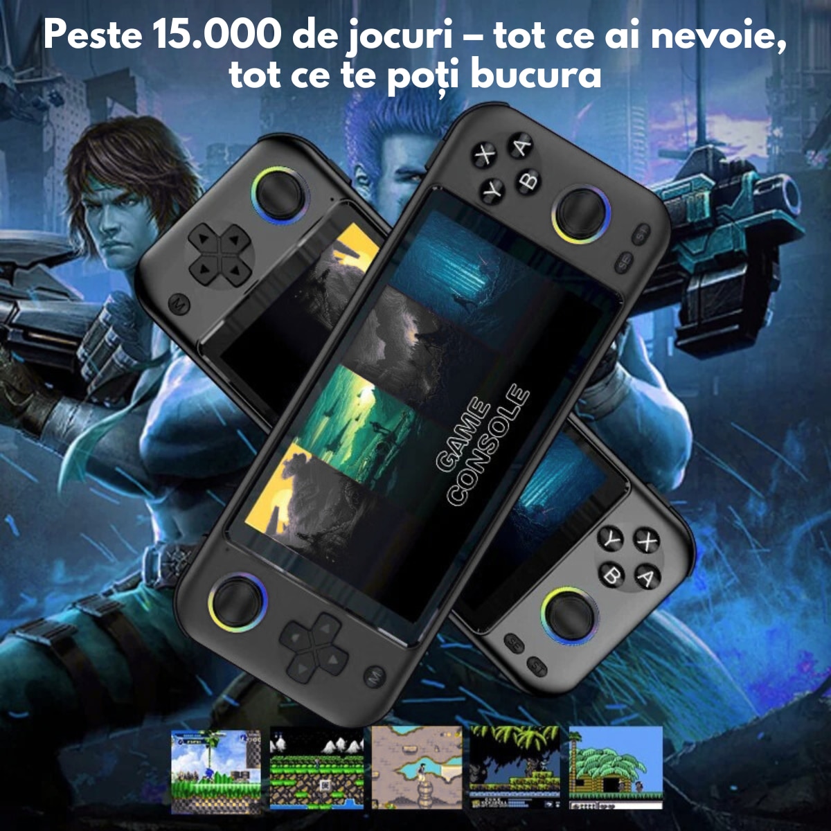 Consola de Jocuri Portabila cu 15.000+ Jocuri incorporate, VisionHub®, Ecran LCD HD 5'' inch, Quad-Core RK3128, 64GB Stocare, Joystick-uri 3D iluminate, Baterie 3500mAh, Emulatoare Multiple, Iesire Video/Audio, Design Compact si Performanta Maxima, Negru