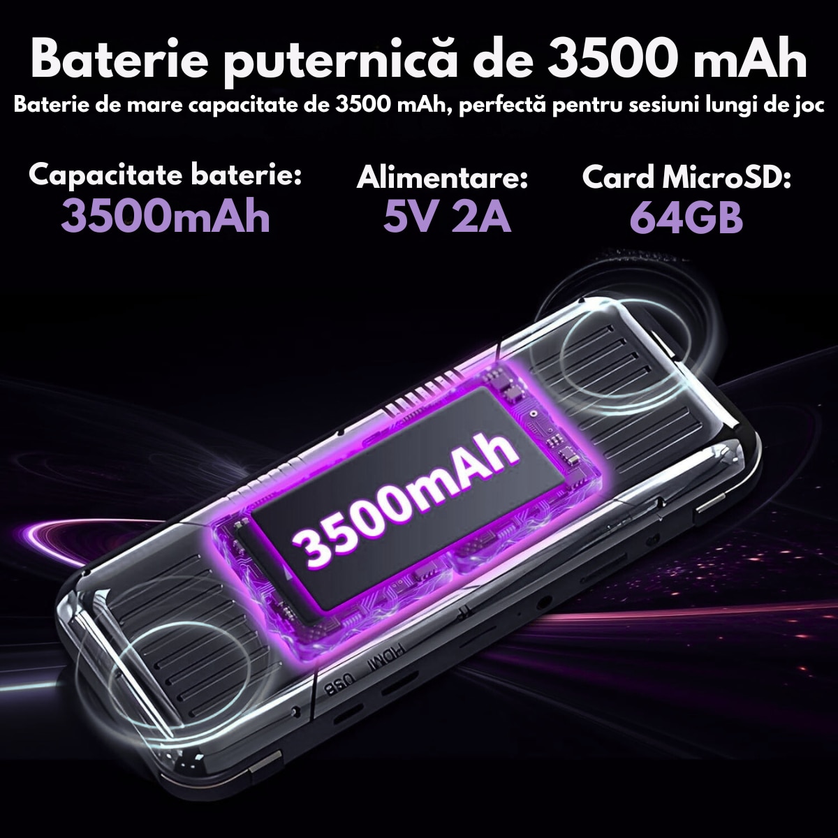 Consola de Jocuri Portabila cu 15.000+ Jocuri incorporate, VisionHub®, Ecran LCD HD 5'' inch, Quad-Core RK3128, 64GB Stocare, Joystick-uri 3D iluminate, Baterie 3500mAh, Emulatoare Multiple, Iesire Video/Audio, Design Compact si Performanta Maxima, Negru