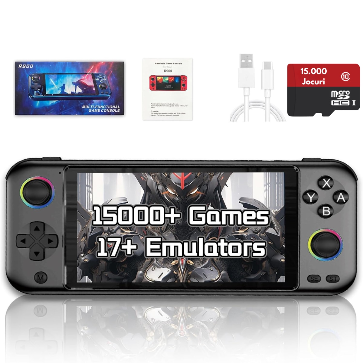 Consola de Jocuri Portabila cu 15.000+ Jocuri incorporate, VisionHub®, Ecran LCD HD 5'' inch, Quad-Core RK3128, 64GB Stocare, Joystick-uri 3D iluminate, Baterie 3500mAh, Emulatoare Multiple, Iesire Video/Audio, Design Compact si Performanta Maxima, Negru