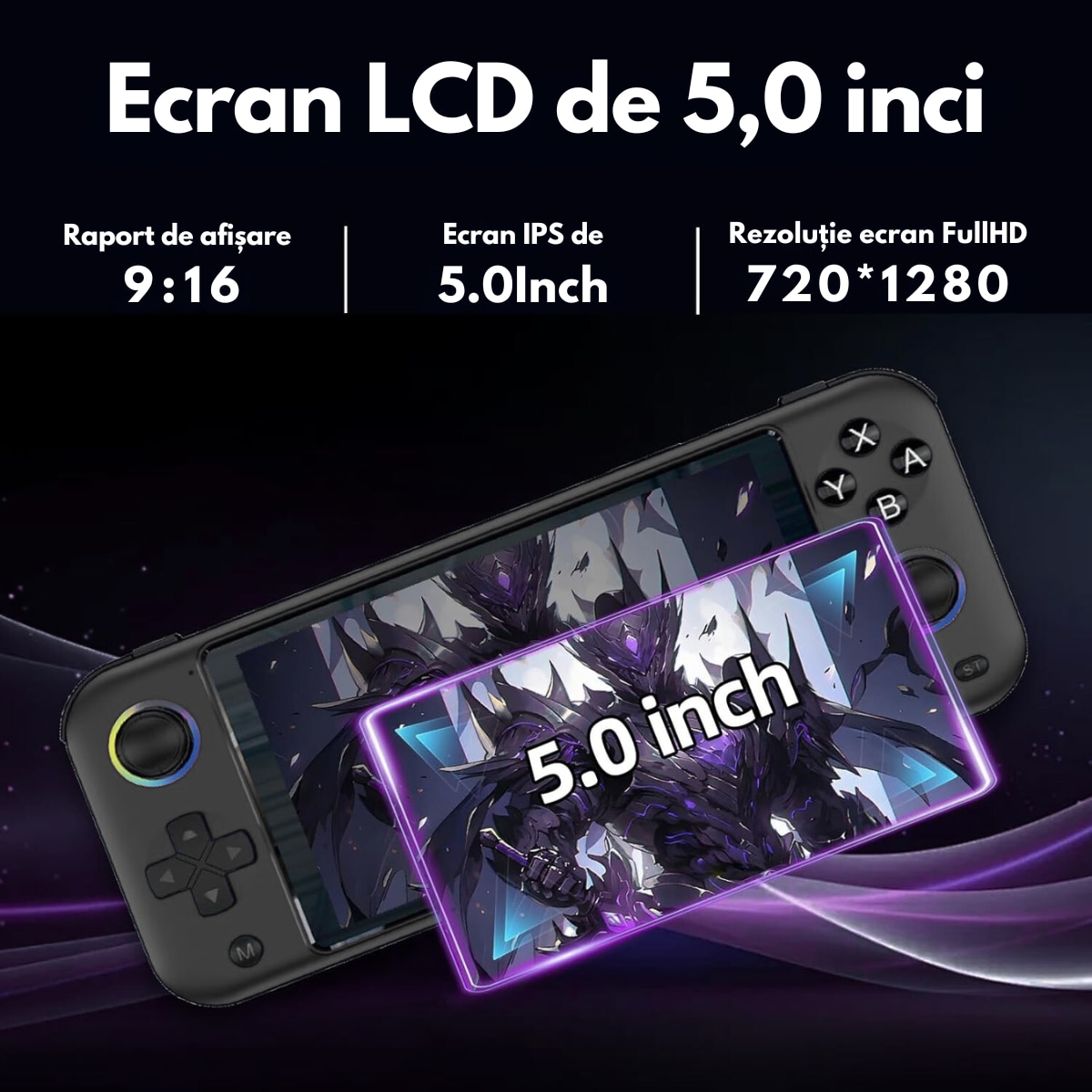 Consola de Jocuri Portabila cu 15.000+ Jocuri incorporate, VisionHub®, Ecran LCD HD 5'' inch, Quad-Core RK3128, 64GB Stocare, Joystick-uri 3D iluminate, Baterie 3500mAh, Emulatoare Multiple, Iesire Video/Audio, Design Compact si Performanta Maxima, Negru