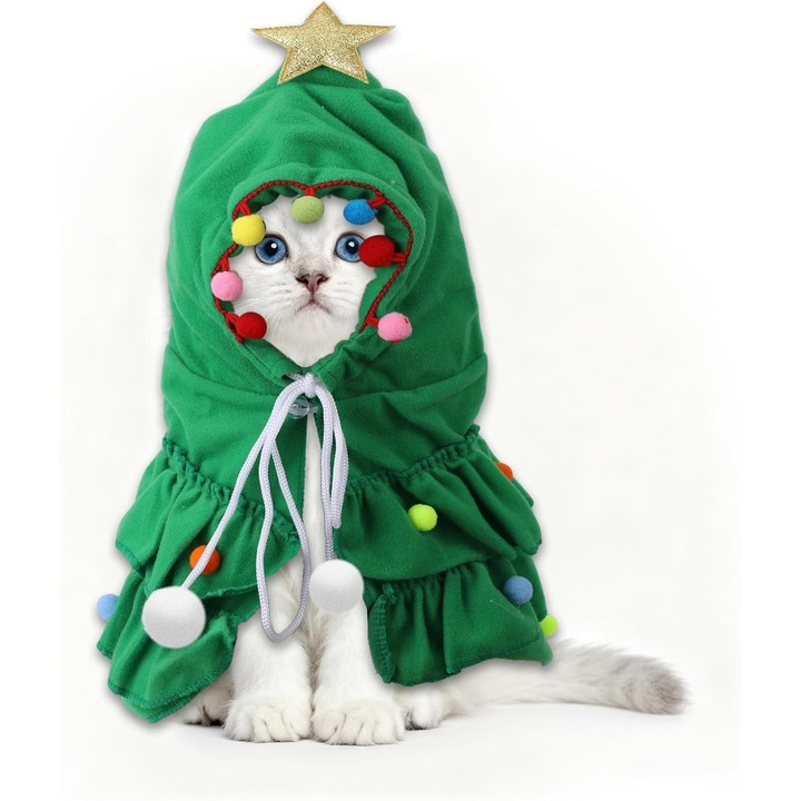 Karácsonyi jelmez macskáknak, zöld köpeny kapucnival, színes pomponok, kisállat szett, 40x35x24cm