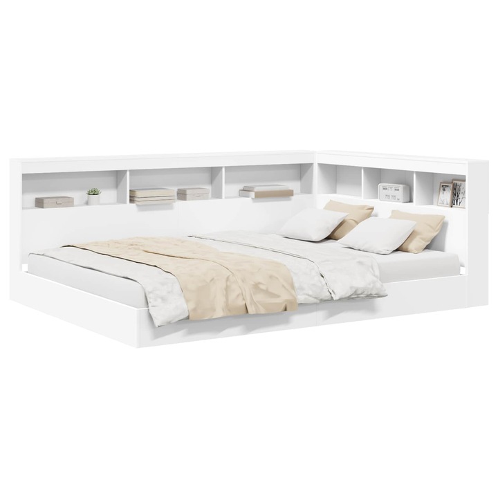 Pat biblioteca cu headboard Alb 160 x 200 cm Lemn compozit, vidaXL, 3335739