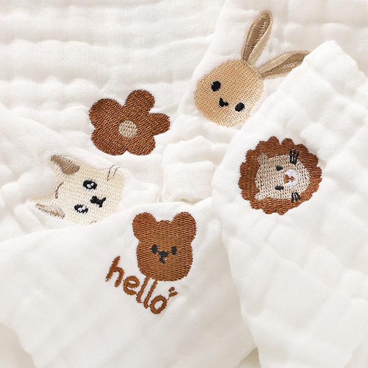 Set 5 prosoape bebelusi Beevme muselina broderie animale alb 30x30cm