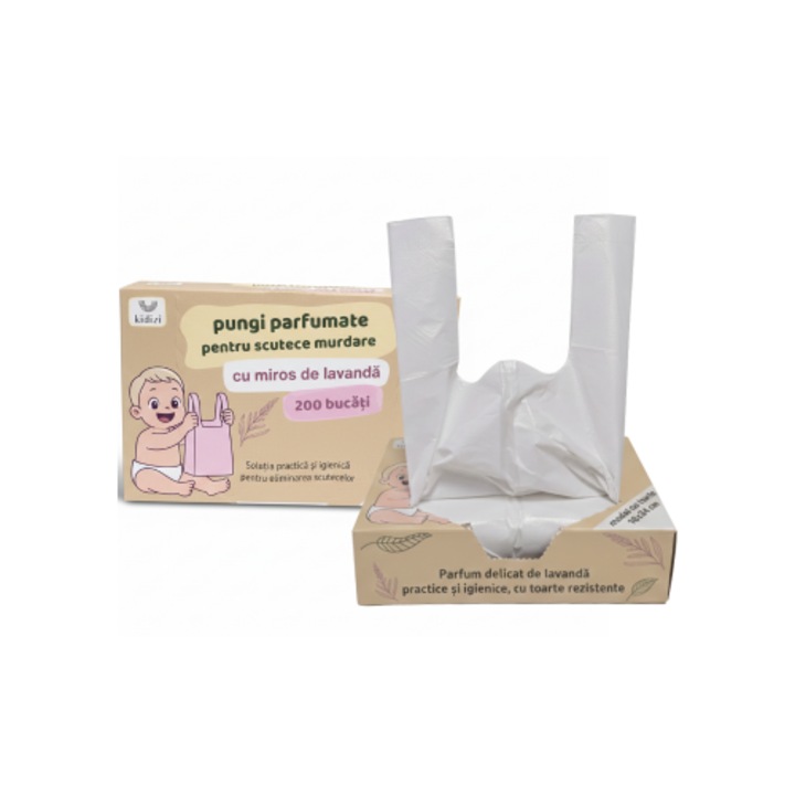 Set 200 Pungi parfumate pentru scutece utilizate Kidizi, alb, 33x16cm