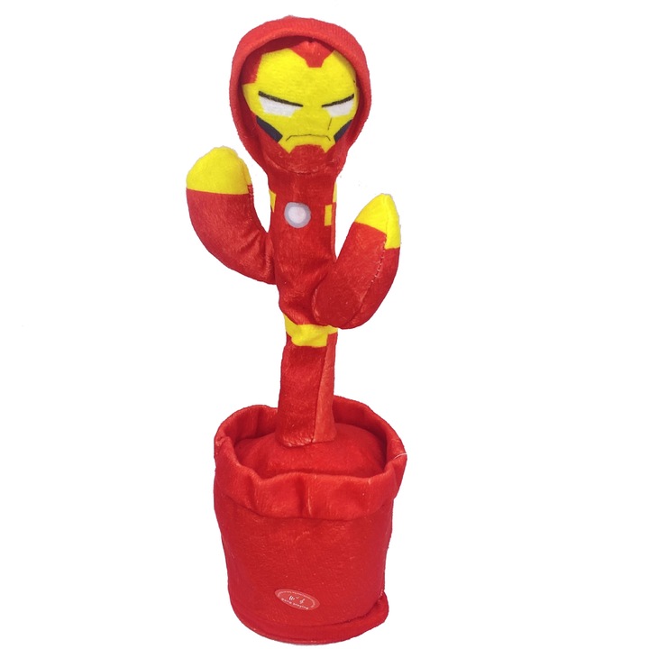 Jucarie interactiva de plus, un Iron Man vorbitor care canta, danseaza si lumineaza; reincarcabil, versiune in engleza, 32cm