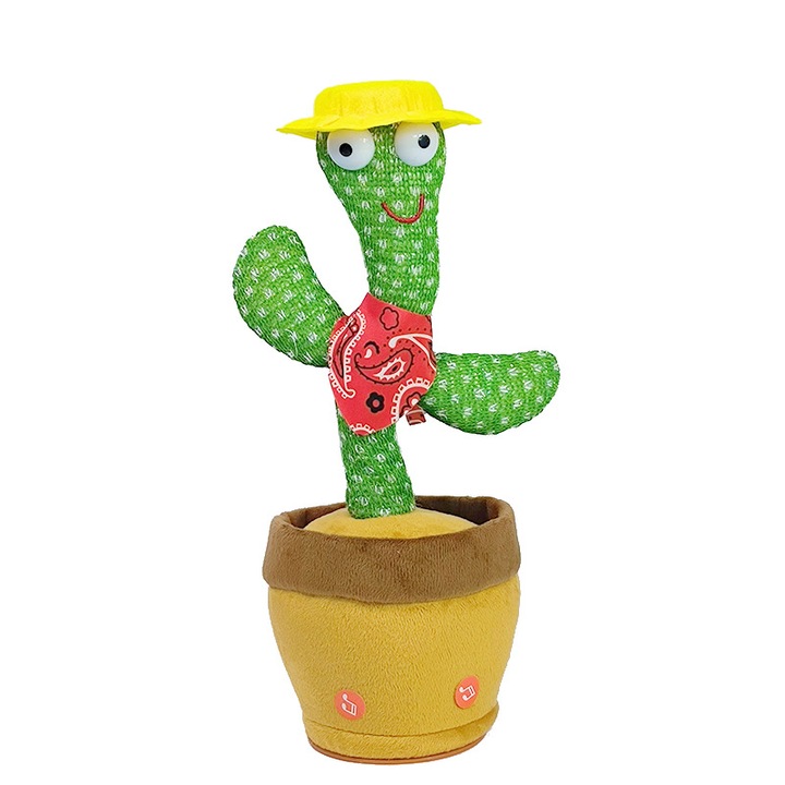 Jucarie interactiva, cactus vorbitor, palarie galbena, bandana, 32cm
