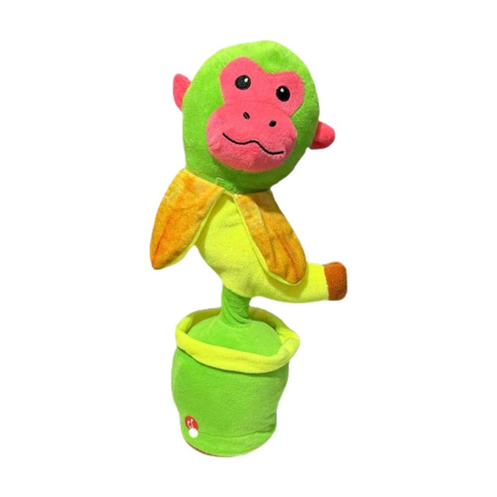 Jucarie interactiva de plus, o maimuta banana vorbitoare care canta, danseaza si lumineaza; reincarcabila (versiunea in engleza); 35cm
