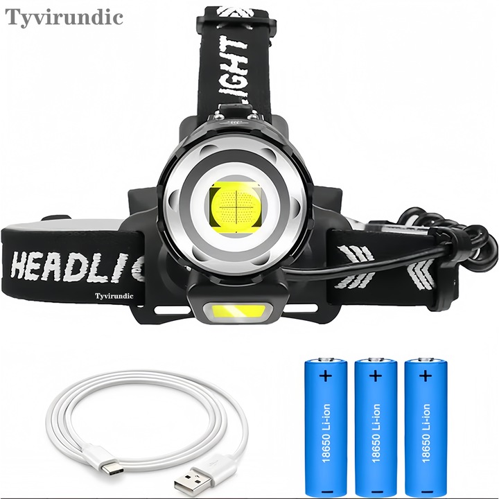 Фенер Tyvirundic P90+COB, 27000 лумена, 500м разстояние, 3 батерии 18650, презареждаем