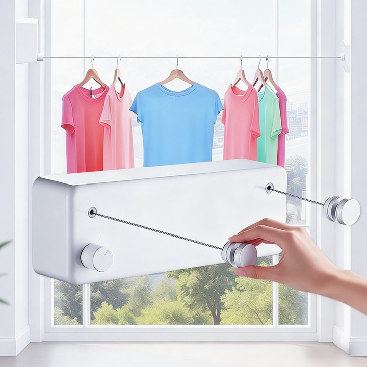 MOSMAOO® Behúzható Ruha Szárítókötél, Falra Szerelhető Erős Ragasztóval vagy Csavarokkal, Dupla Acélhuzal 4.2 m, 20 kg Teherbírás, Vízálló, Könnyen Felszerelhető, Beltéri és Kültéri Használatra, Fehér