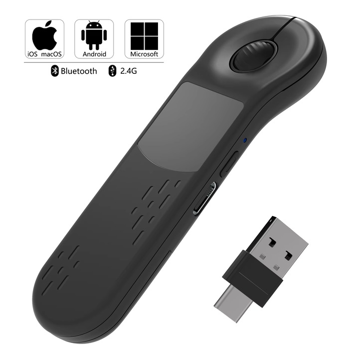 Mouse Wireless Multifunctional, AirMouse, Pointer Laser, 2.4G si BT, Prezentari PPT, Compatibil cu Android, IOS, MAC, WIndows, Negru