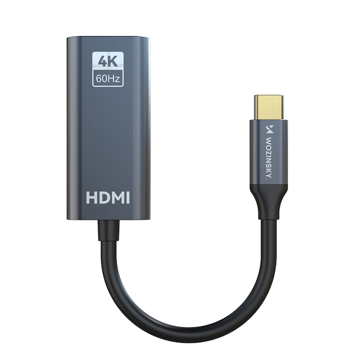 Adaptor Video Wozinsky USB-C la HDMI 4K 60Hz, Cablu Conectare Telefon sau Laptop la TV, Monitor si Proiector, Suport Ultra HD, Streaming si Gaming, Mufa Type-C, Negru