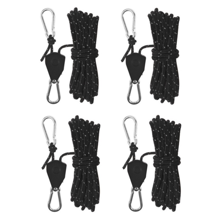 Set de 4 franghii cu scripete si carlige, OEM, pentru agatat obiecte, reglabil, din nailon/metal cu material reflectorizant, lungime franghie 4 metri, negru