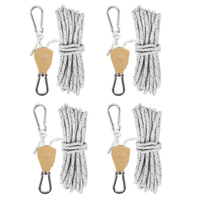 Set de 4 franghii cu scripete si carlige, OEM, pentru agatat obiecte, reglabil, din nailon/metal cu material reflectorizant, lungime franghie 4 metri, alb