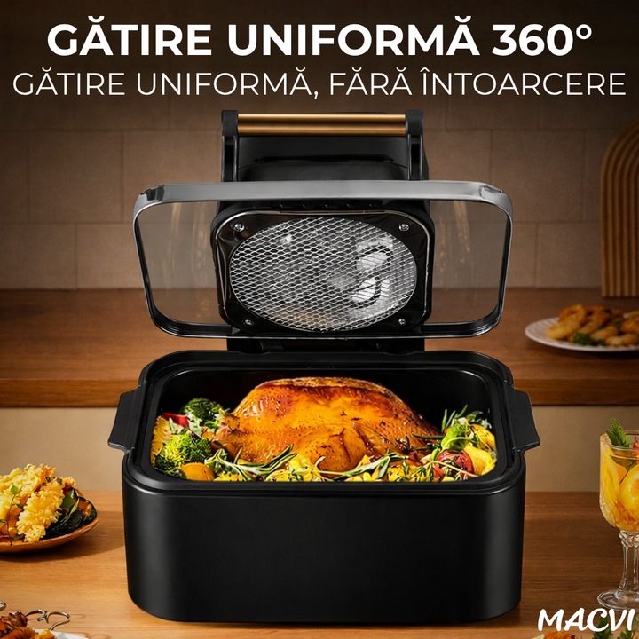 Friteuza cu aer cald digitala 3 in 1 Macvi® fara ulei 12 L 1700W control touch 11 programe LED negru auriu