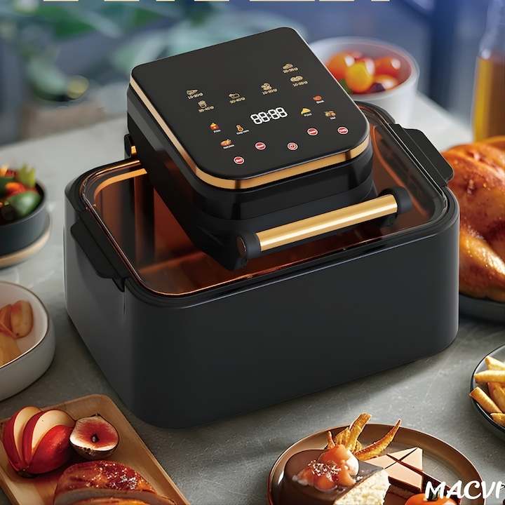 Friteuza cu aer cald digitala 3 in 1 Macvi® fara ulei 12 L 1700W control touch 11 programe LED negru auriu
