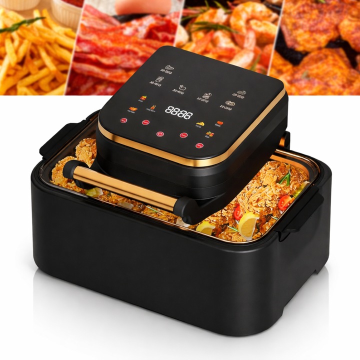 Friteuza cu aer cald digitala 3 in 1 Macvi® fara ulei 12 L 1700W control touch 11 programe LED negru auriu