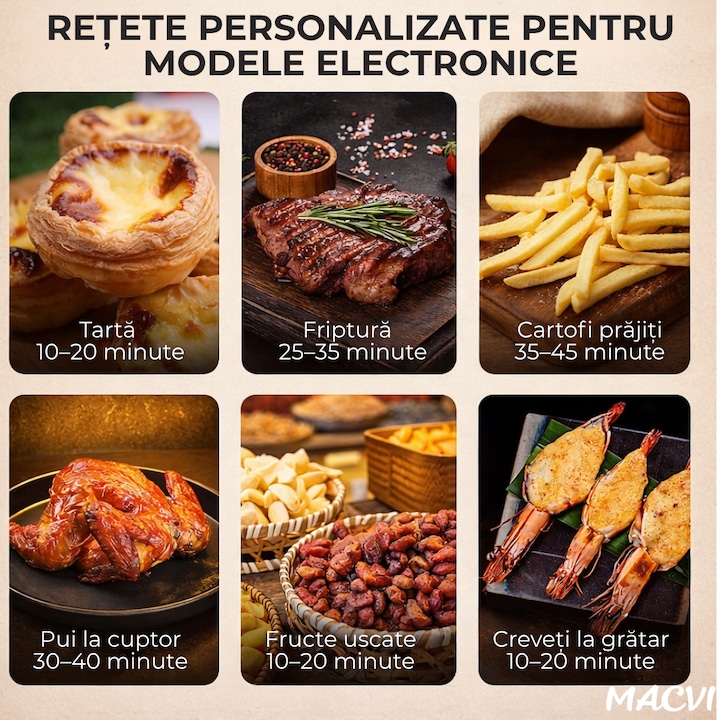 Friteuza cu aer cald digitala 3 in 1 Macvi® fara ulei 12 L 1700W control touch 11 programe LED negru auriu