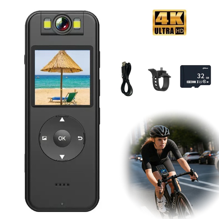 Camera video sport HD Excitat®, 4K, Rezolutie video 3840*2160, Ecran 1,5 Inch, Rotire obiectiv la 180°, Portabila, Acces WiFi pe mobil, Negru, cu clip si suport prindere motocicleta, Type-C