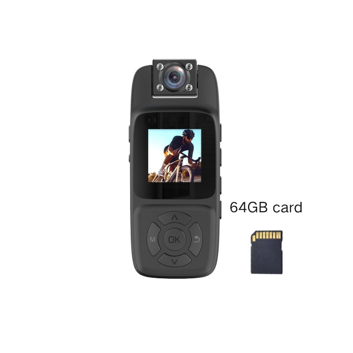 Camera de actiune WiFi, 4K Ultra HD, 1080p, suport de fixare pe piept/spate, viziune nocturna cu infrarosu, memorie de 64 GB, rotatie de 180°, baterie de 1500 mAh