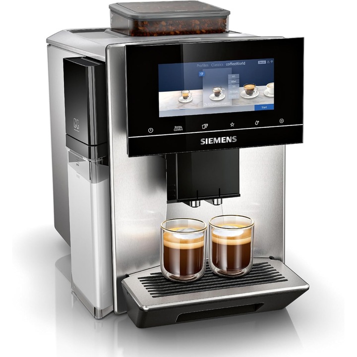 Автоматична кафемашина Siemens TQ 903DZ3 EQ.9 Plus, TFT дисплей, 19 бара, 35 напитки, 2.3 л резервоар, вградена мелачка, 410 г капацитет на зърна, черен/инокс