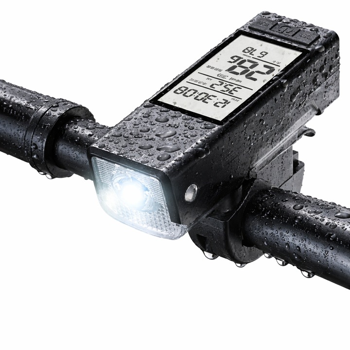 Far bicicleta LED 500 lumeni, Reincarcabila USB, Cu Claxon si Vitezometru, Ciclocomputer, Lumina frontala trotineta, Rezistenta la apa IP65, Aluminiu, Negru