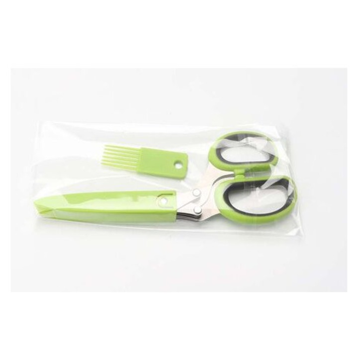 Foarfeca bucatarie, 5 lame inox, capac protectie, gri verde, 21x8.5x2cm