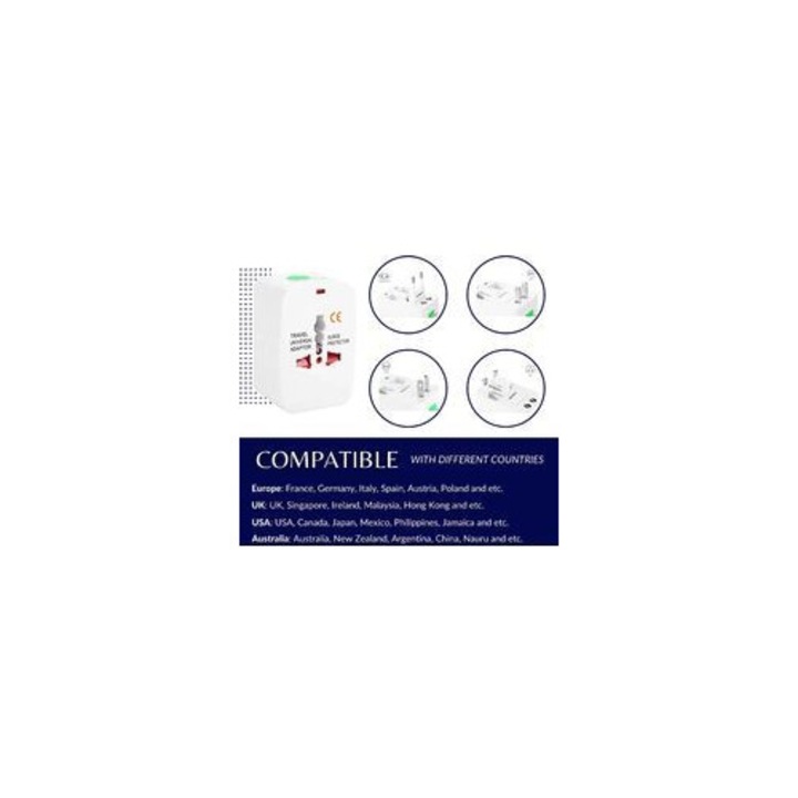 Adaptor universal de calatorie, 4 prize, 2 USB, multicolor, compact