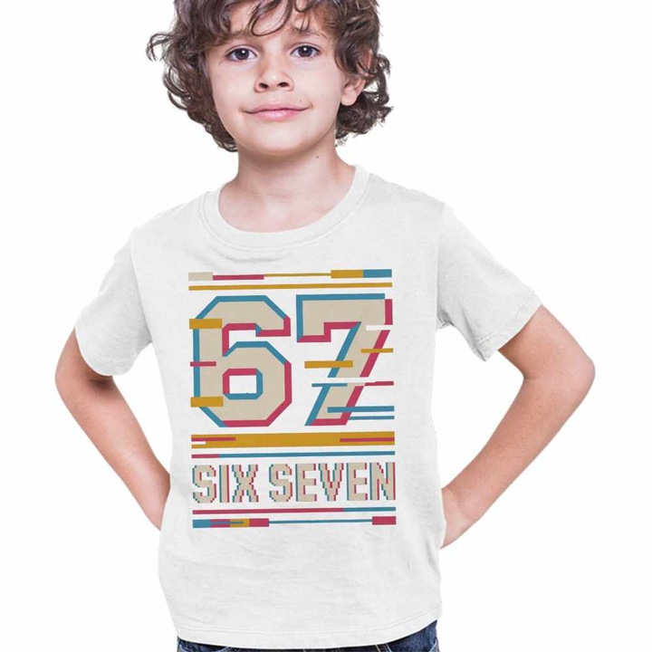 Tricou Copii Baieti Six Seven Effect Glitch 67, Alb