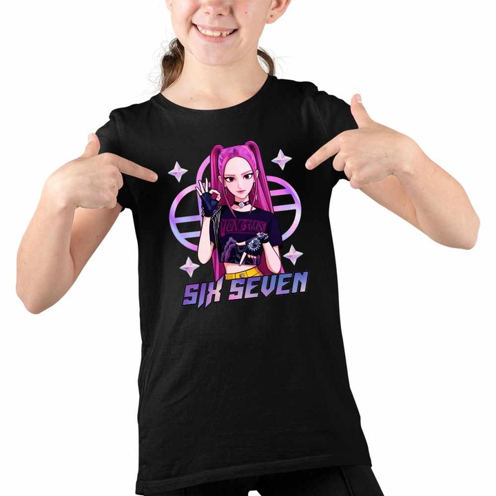Tricou Copii Fete Six Seven Huntrix Mira 67 Saja Boys, Fekete