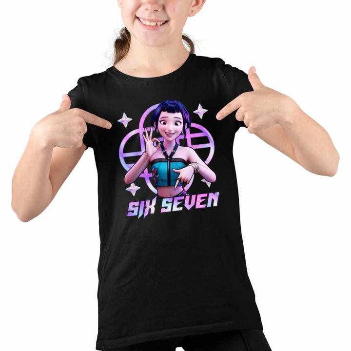 Tricou Copii Fete Six Seven Huntrix Zoey 67 Demon Hunters Kpop, Negru