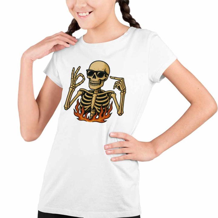 Tricou Copii Fete Six Seven Schelet Horror 67 Halloween, Fehér