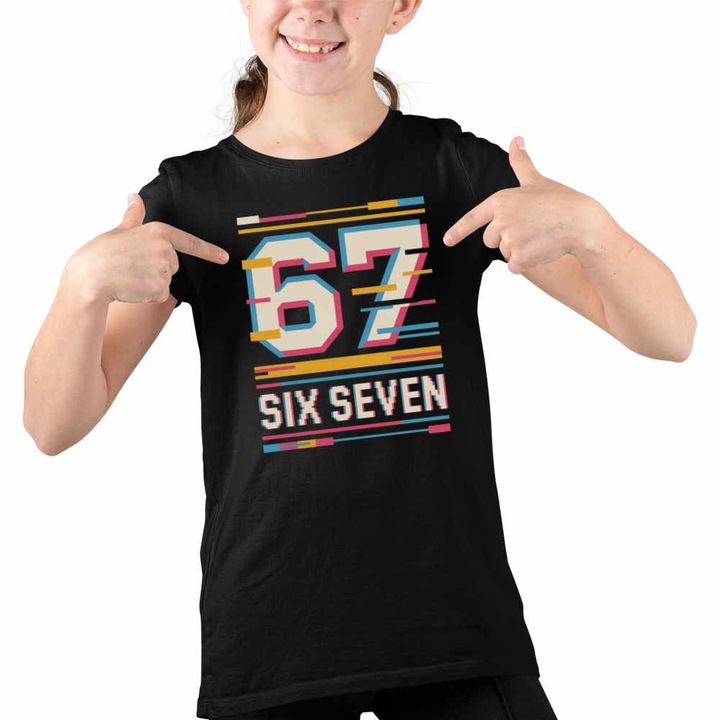 Tricou Copii Fete Six Seven Effect Glitch 67, Fekete